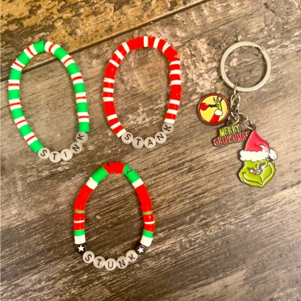 Festive Grinch-Themed Bracelets and Keychain Set NWOT